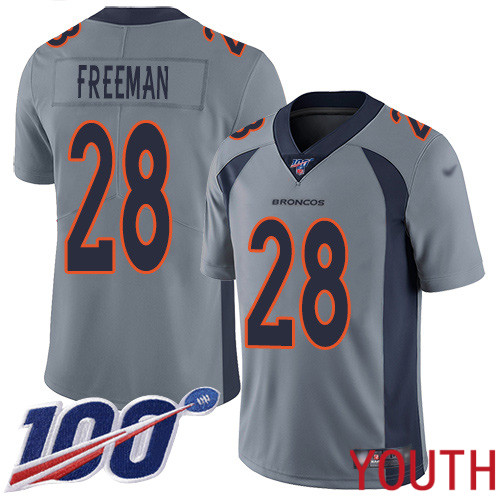 Youth Denver Broncos #28 Royce Freeman Limited Silver Inverted Legend 100th Season Football NFL Jersey->youth nfl jersey->Youth Jersey